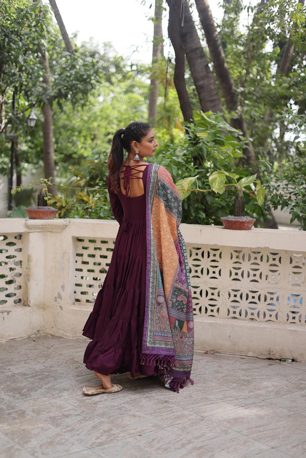 Awesome Wine Rayon Traditional Gown With Digital Printed Dupatta
