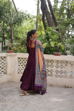 Awesome Wine Rayon Traditional Gown With Digital Printed Dupatta