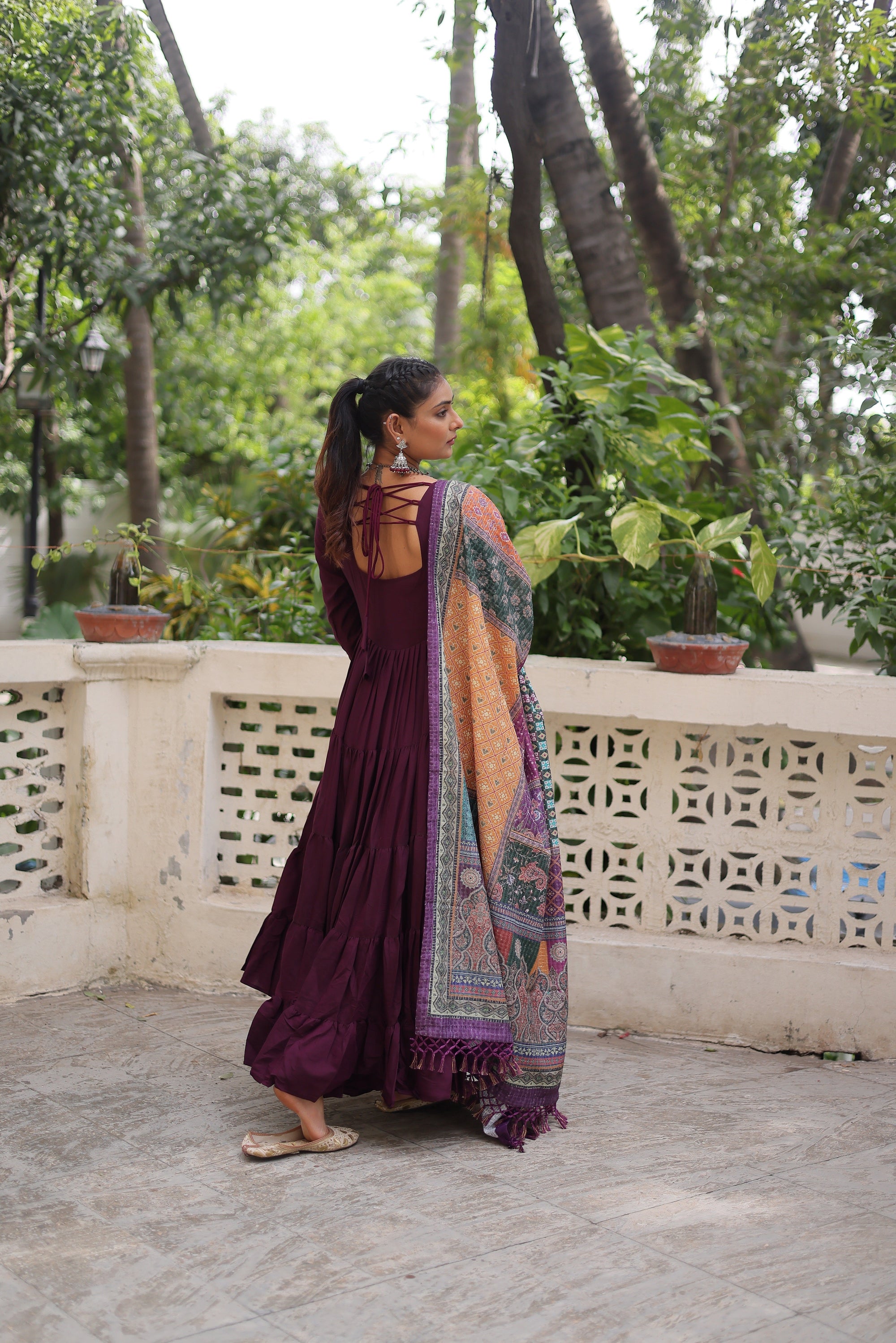 Awesome Wine Rayon Traditional Gown With Digital Printed Dupatta