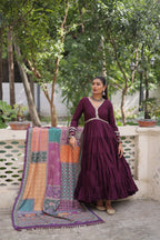 Awesome Wine Rayon Traditional Gown With Digital Printed Dupatta
