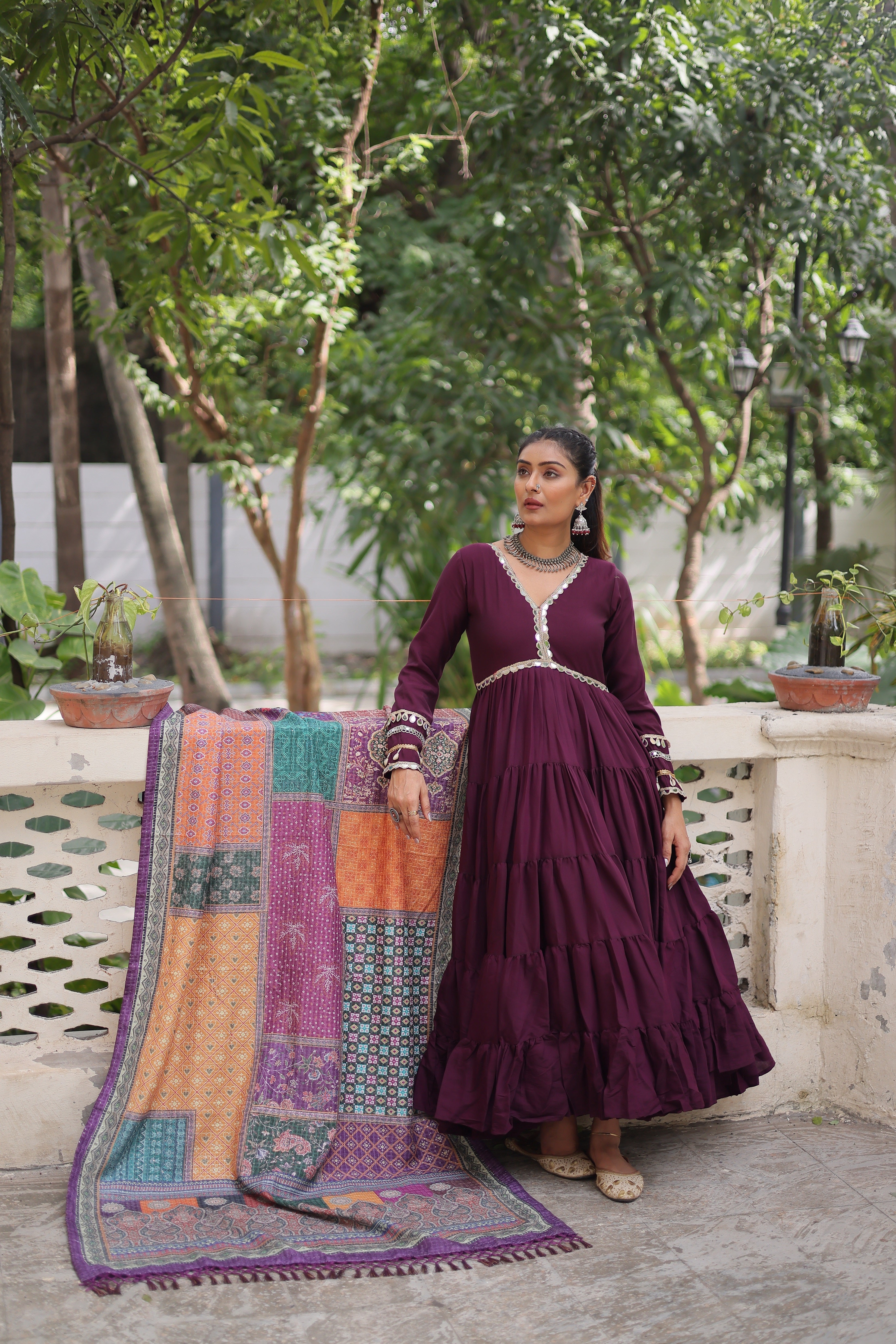 Awesome Wine Rayon Traditional Gown With Digital Printed Dupatta