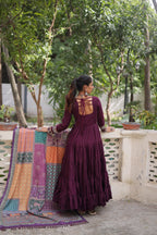Awesome Wine Rayon Traditional Gown With Digital Printed Dupatta