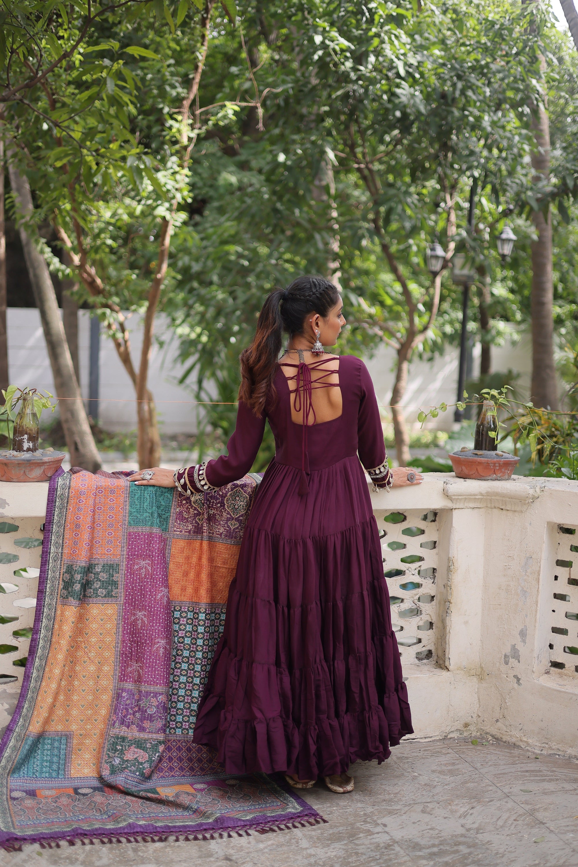 Awesome Wine Rayon Traditional Gown With Digital Printed Dupatta