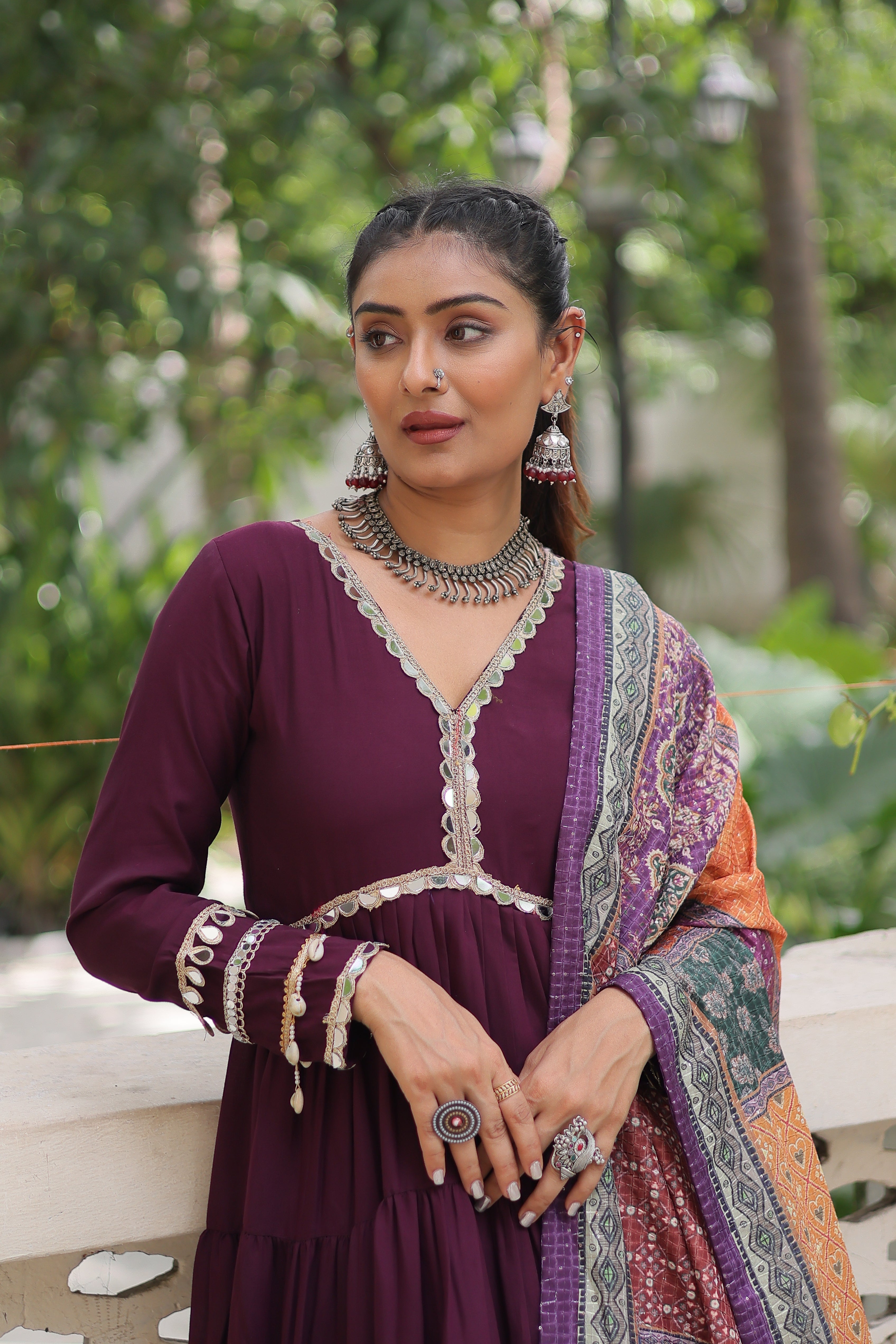 Awesome Wine Rayon Traditional Gown With Digital Printed Dupatta