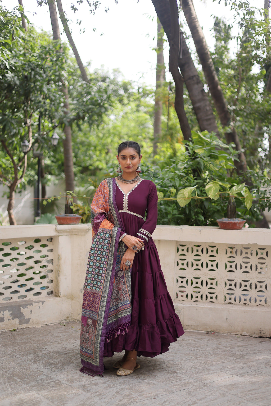 Awesome Wine Rayon Traditional Gown With Digital Printed Dupatta