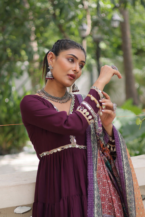 Awesome Wine Rayon Traditional Gown With Digital Printed Dupatta