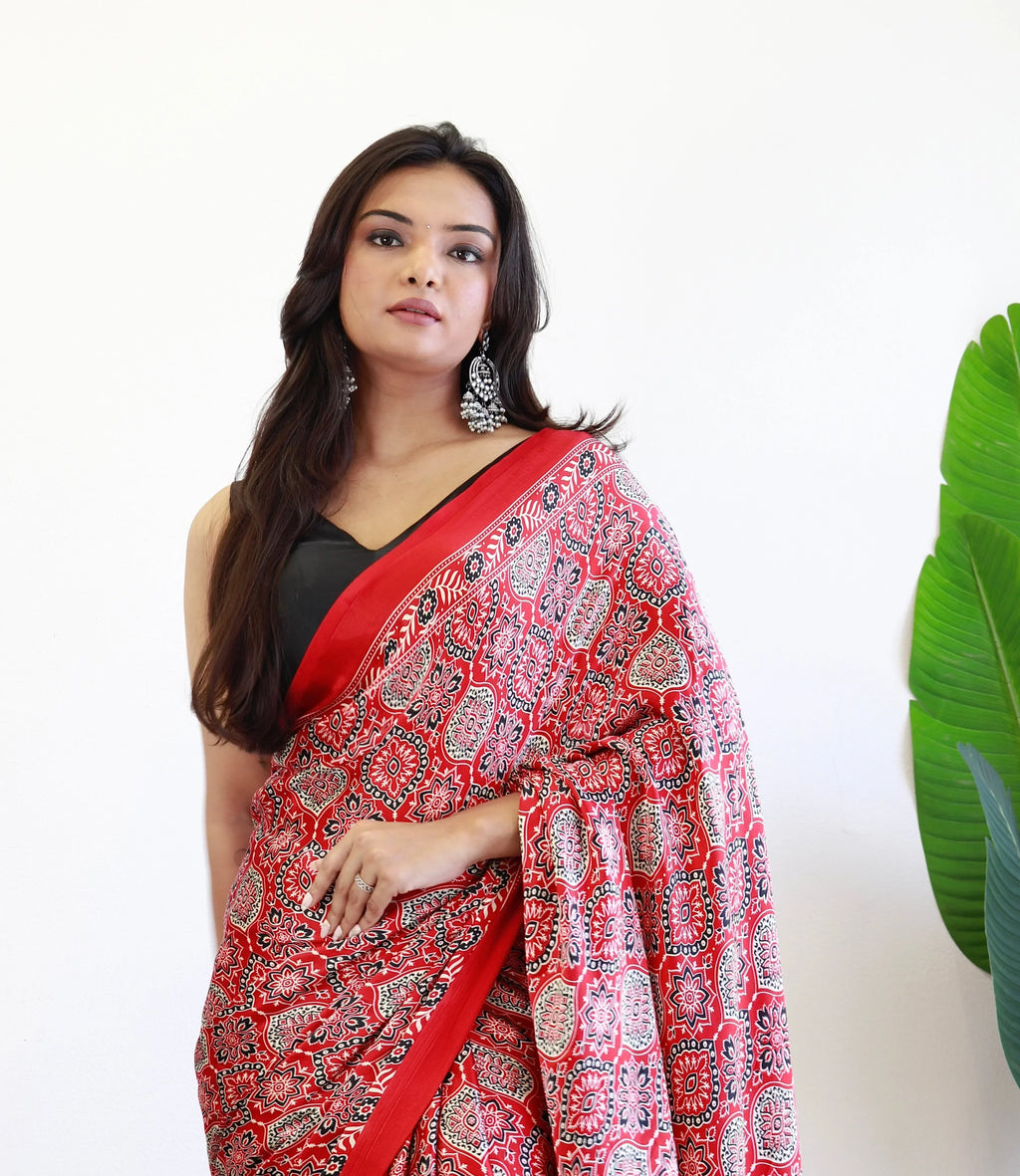 Redish Maroon Ajrakh Printed Soft Modal Silk Natural Print Saree