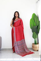 Maroon Bandhani With Ajrakh Printed Soft Modal Silk Natural Print Saree P3