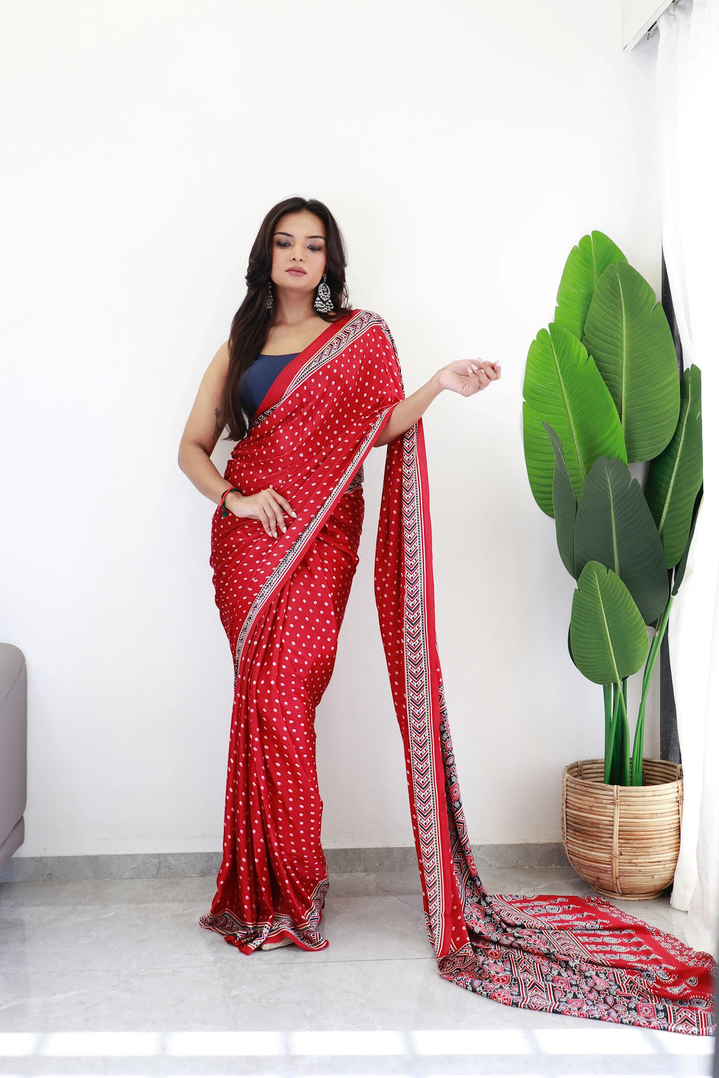 Maroon Bandhani With Ajrakh Printed Soft Modal Silk Natural Print Saree P3