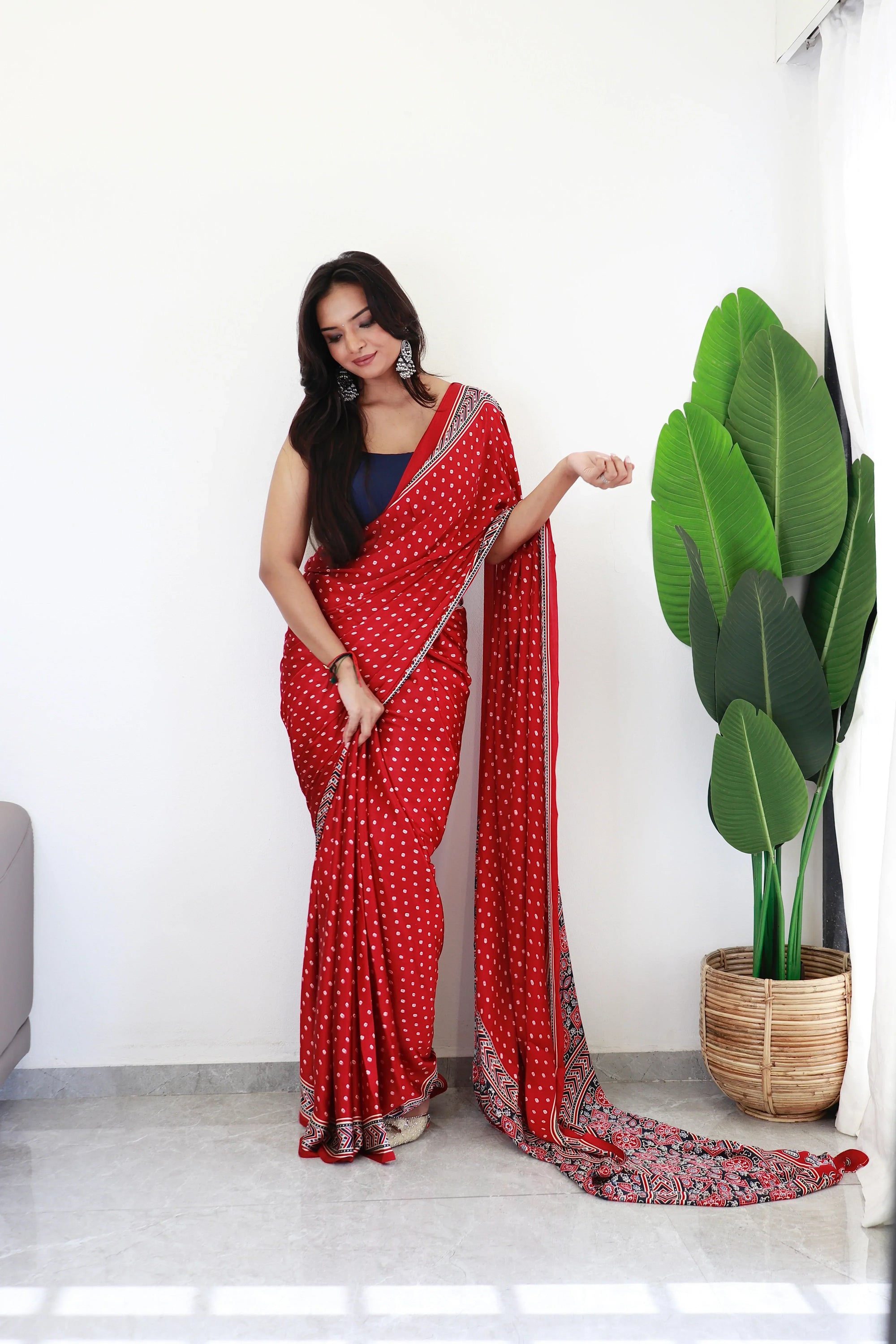 Maroon Bandhani With Ajrakh Printed Soft Modal Silk Natural Print Saree P3