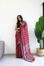 Black And Maroon Ajrakh Printed Soft Modal Silk Natural Print Saree