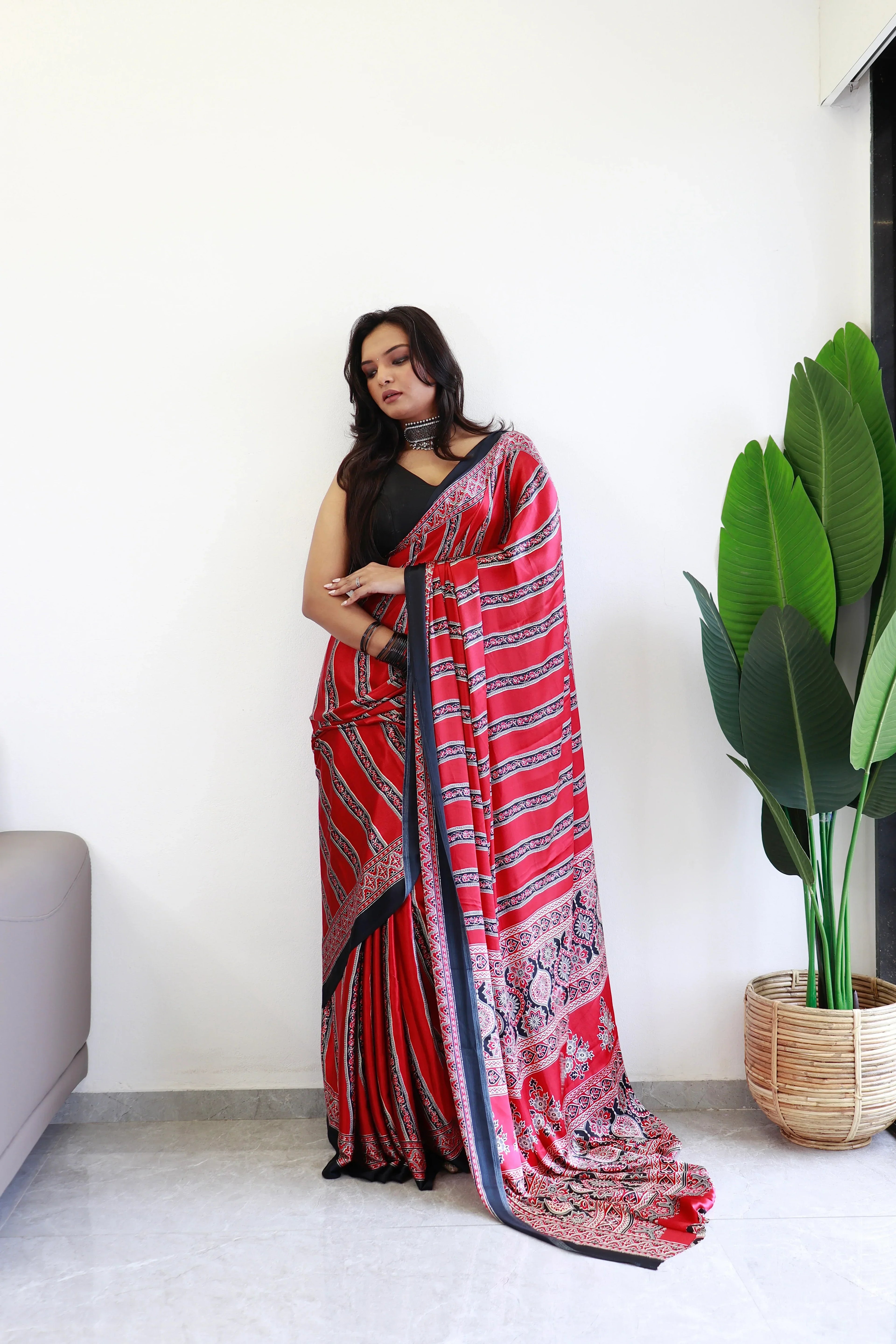 Black And Maroon Ajrakh Printed Soft Modal Silk Natural Print Saree
