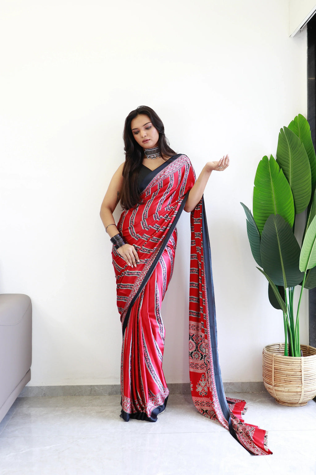 Black And Maroon Ajrakh Printed Soft Modal Silk Natural Print Saree