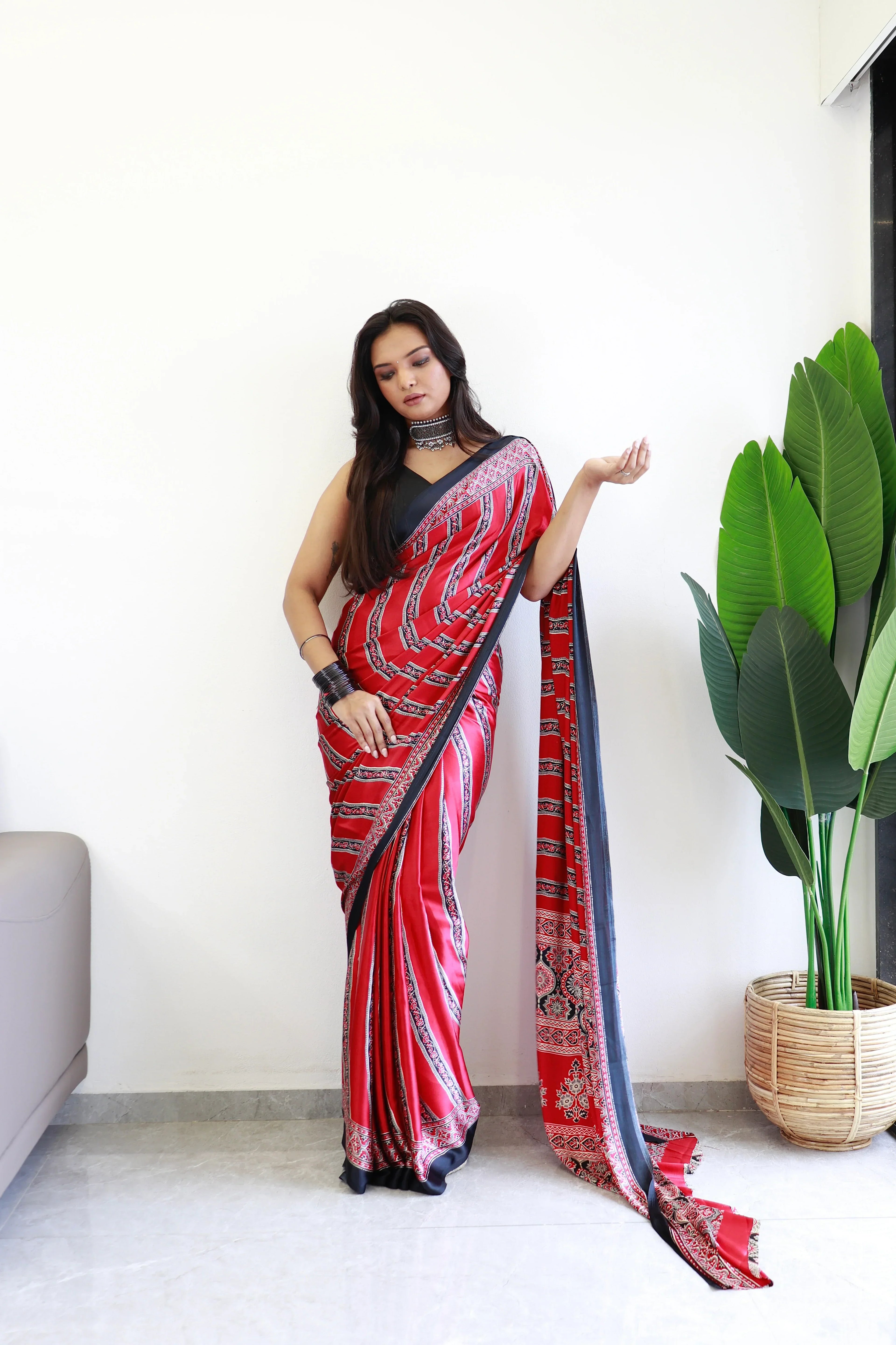 Black And Maroon Ajrakh Printed Soft Modal Silk Natural Print Saree
