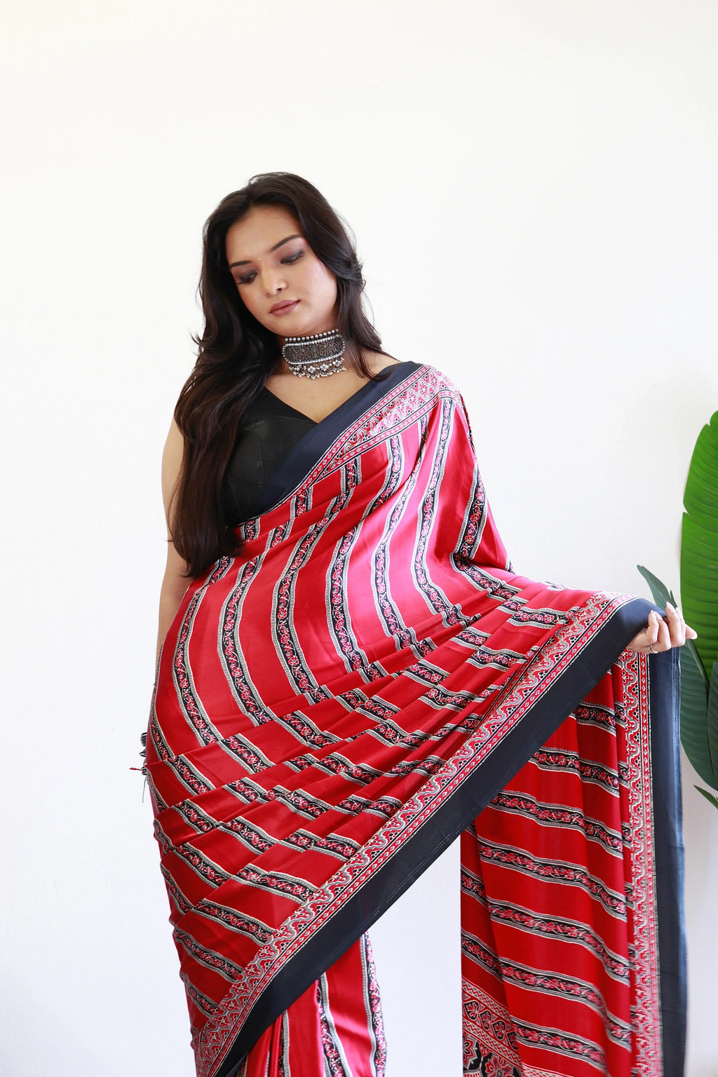 Black And Maroon Ajrakh Printed Soft Modal Silk Natural Print Saree