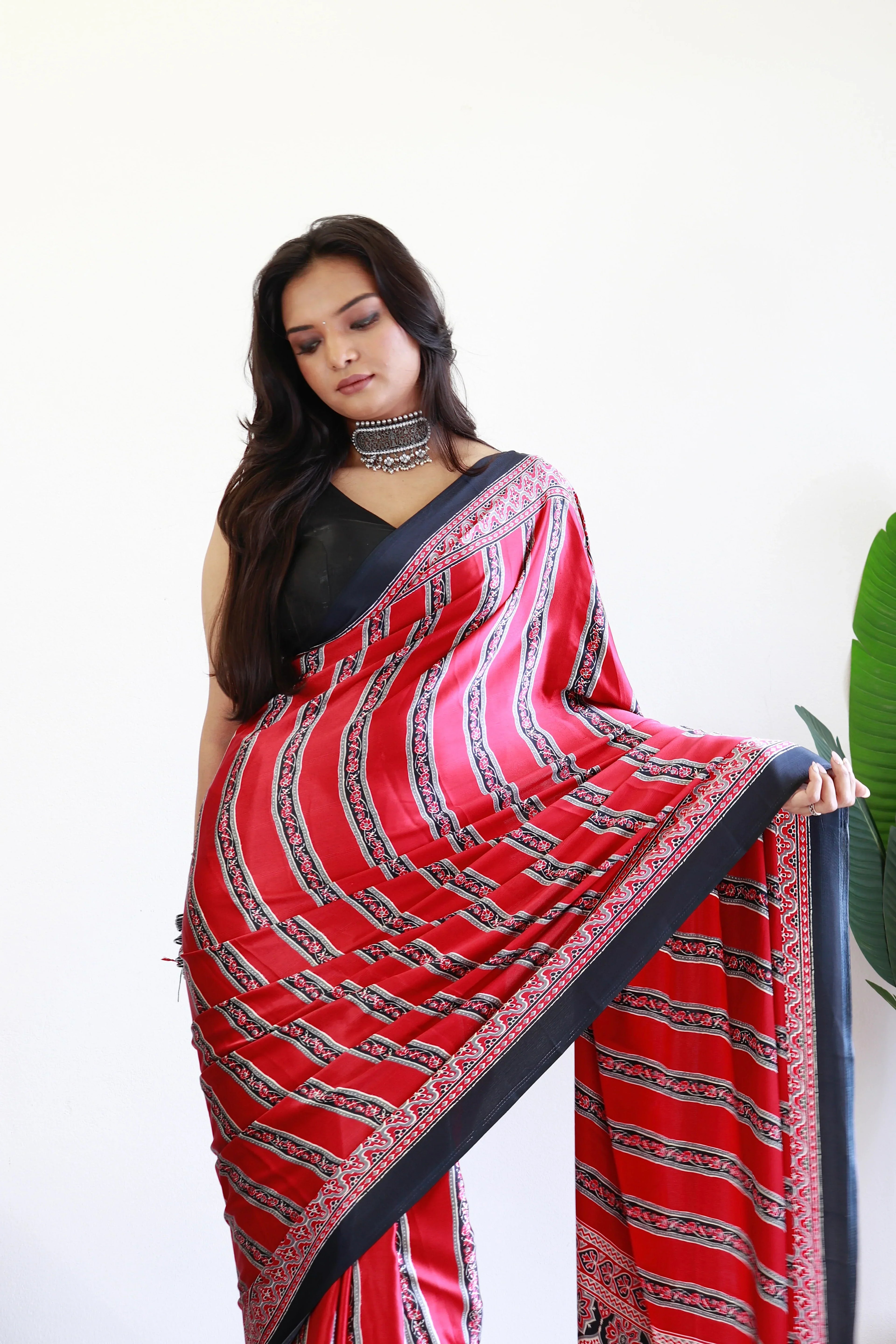 Black And Maroon Ajrakh Printed Soft Modal Silk Natural Print Saree