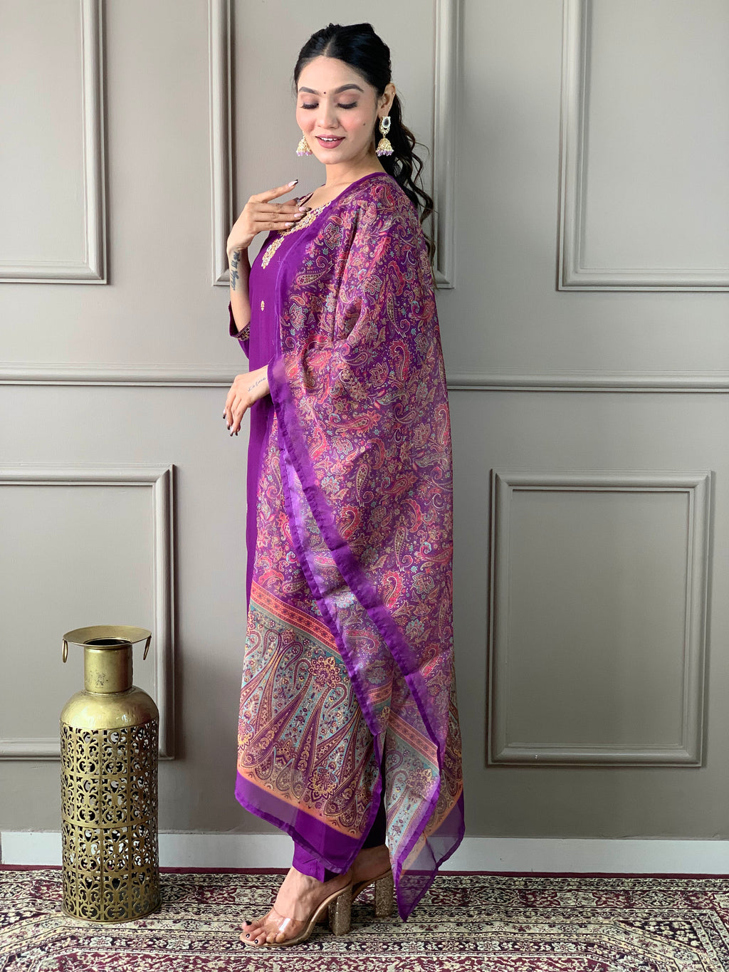 Purple Color Rayon Slub designer Kurti Pant Set