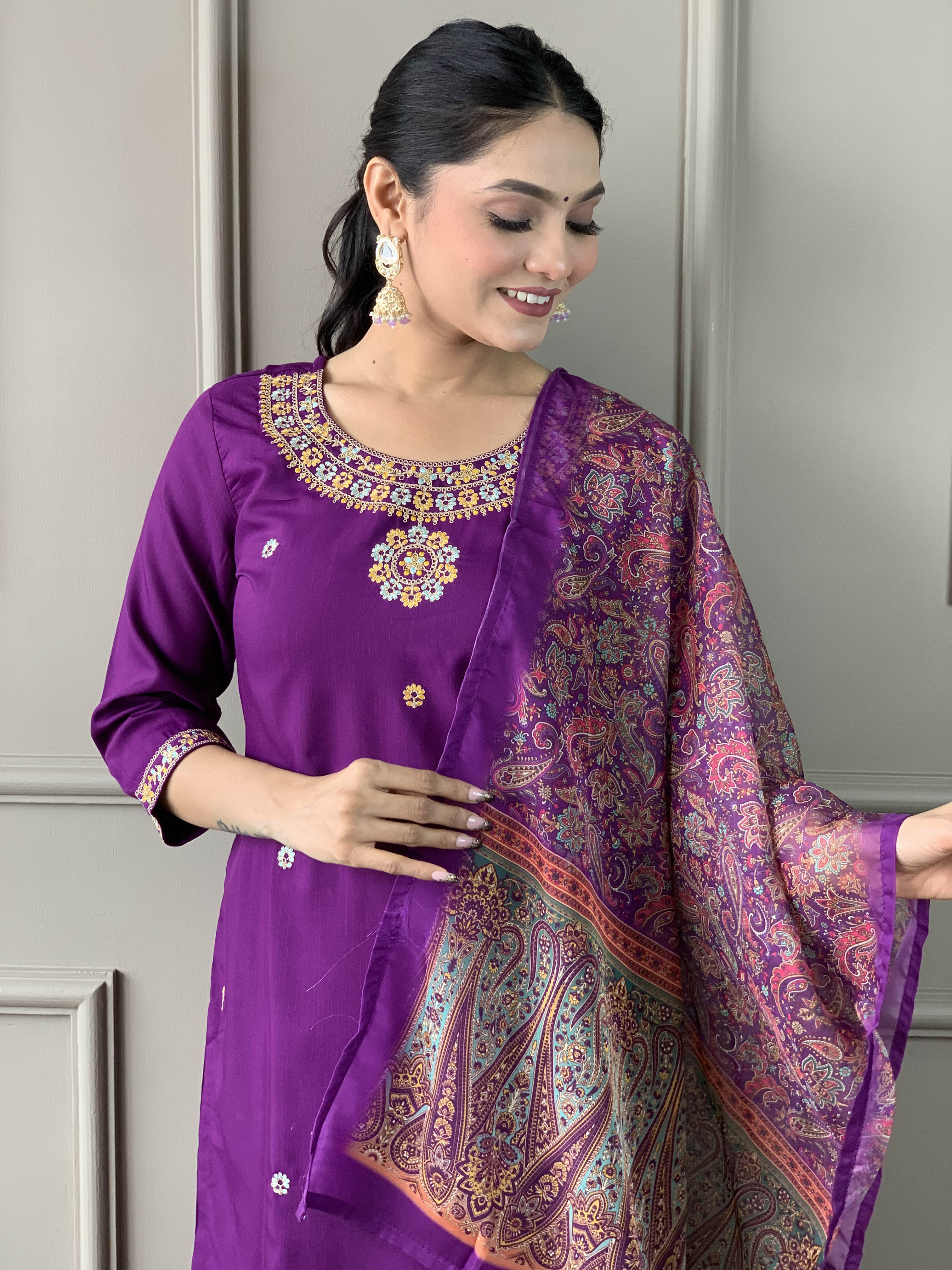 Purple Color Rayon Slub designer Kurti Pant Set