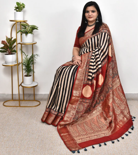 AJRAKH DOLA SILK SAREE WITH NAKSHI ZARI PALLU