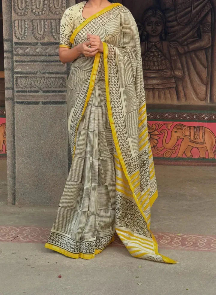 Yellow Black Line Designer MulCotton Saree