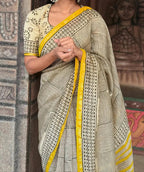 Yellow Black Line Designer MulCotton Saree