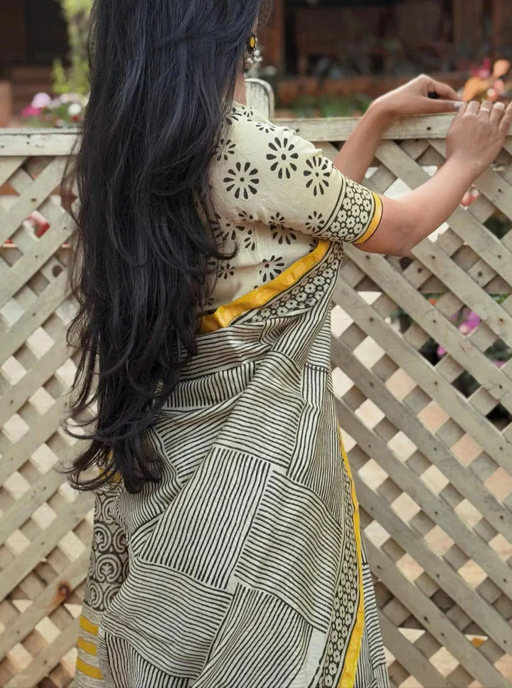 Yellow Black Line Designer MulCotton Saree