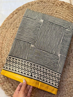 Yellow Black Line Designer MulCotton Saree