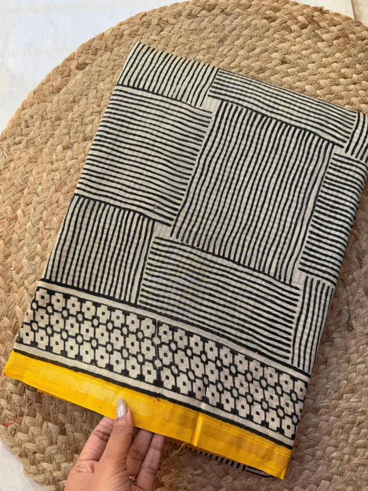 Yellow Black Line Designer MulCotton Saree