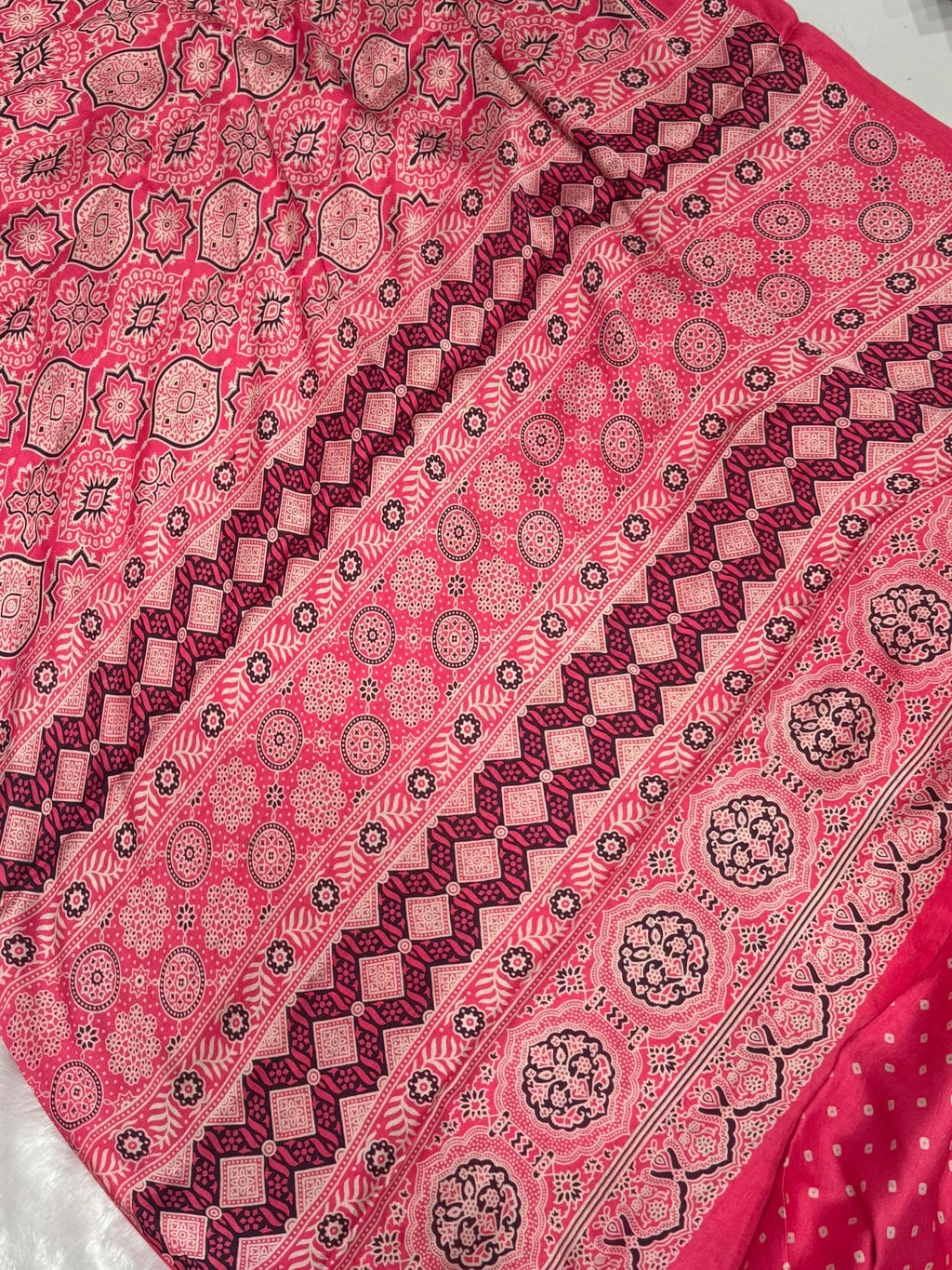 Pink Ajrakh Hand Block Modal Silk Saree With Fancy Ajrakh Pallu