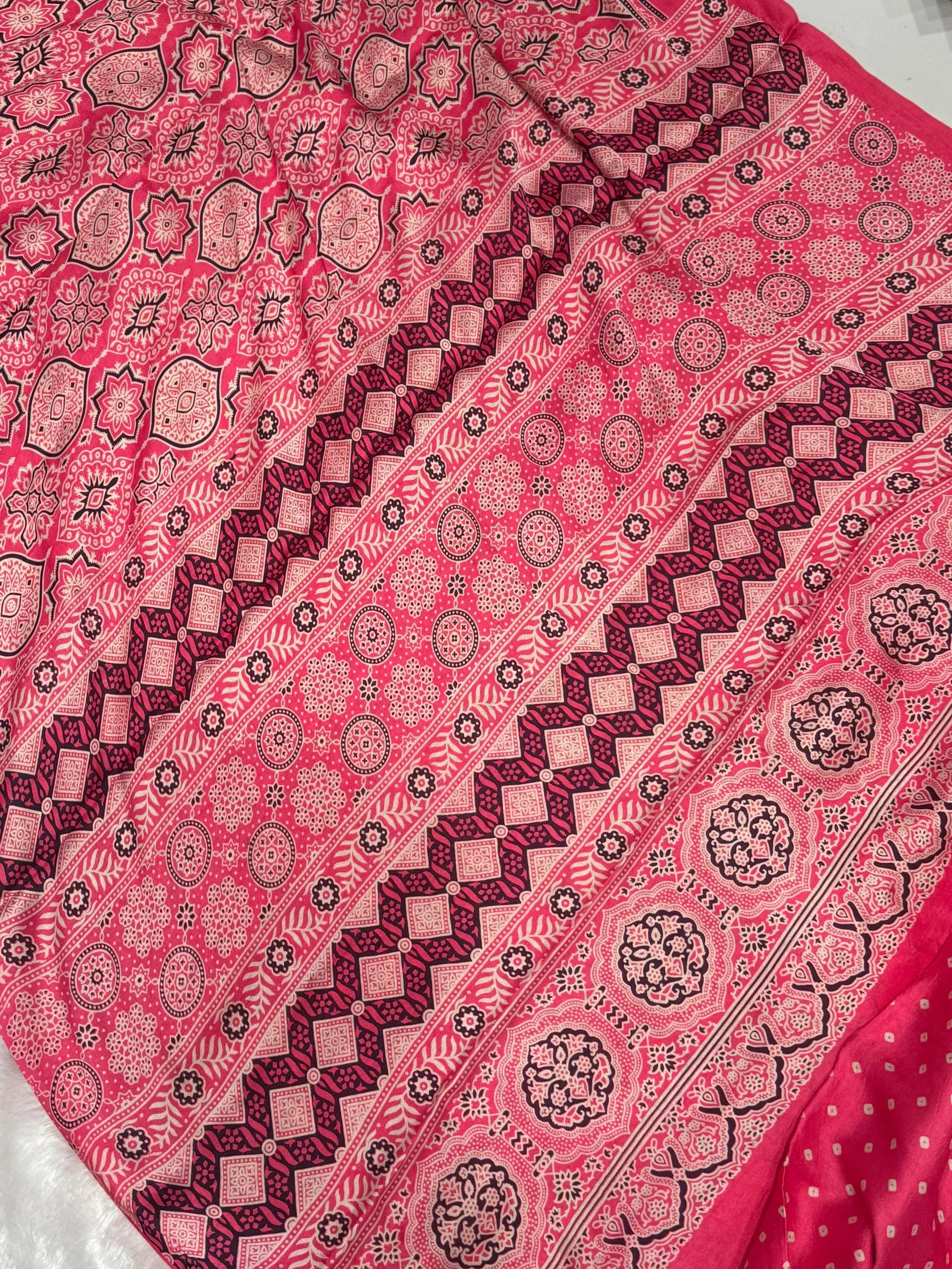 Pink Ajrakh Hand Block Modal Silk Saree With Fancy Ajrakh Pallu