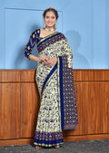 Cream Blue Designer MulCotton Saree