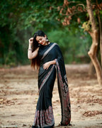 Black Ajrakh Printed Modal Silk Plain Saree With Ajrakh Blouse P6