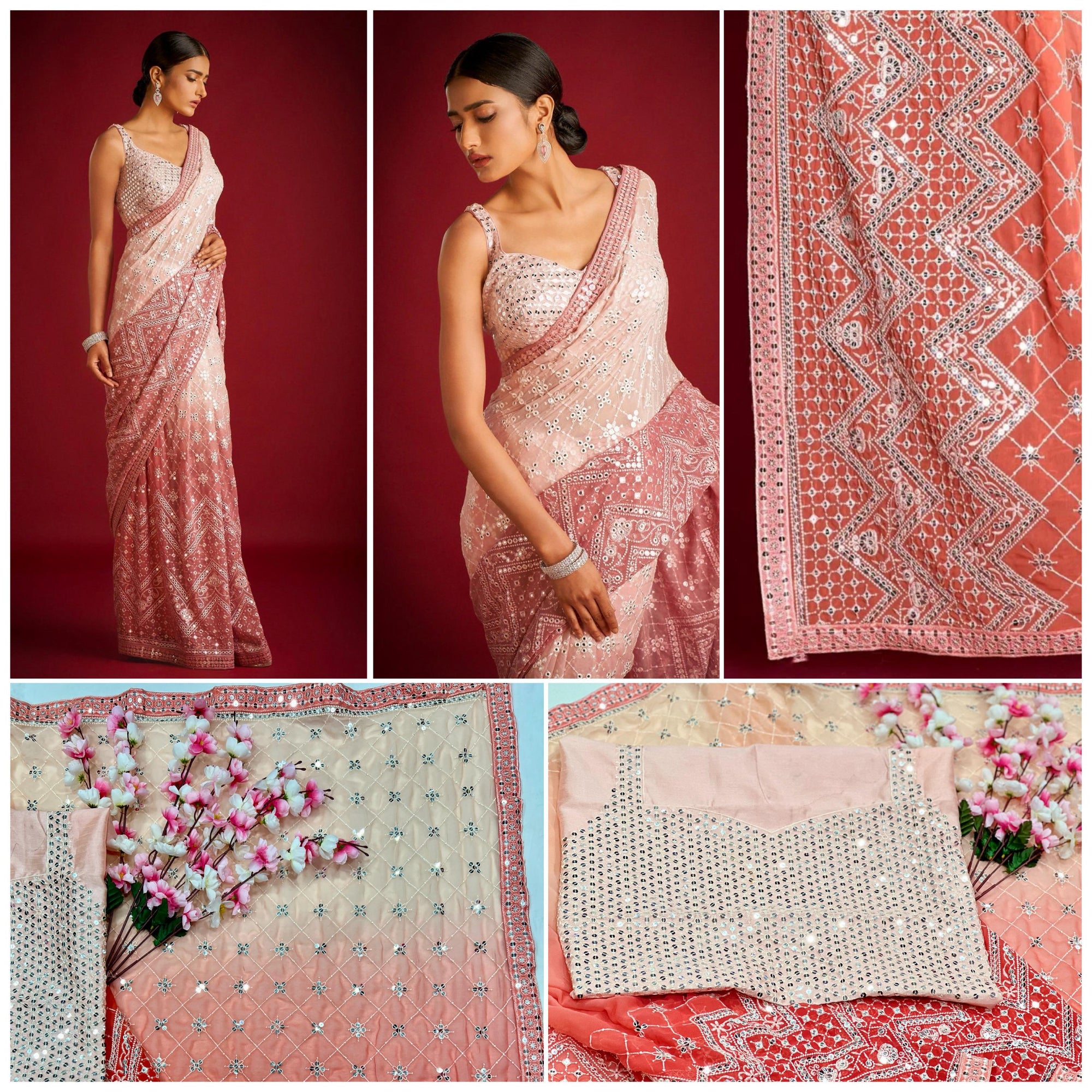 Heavy Fox Georgette With Pedding Print And 7.MM Sequence + Multi🔖 Work In Allover Saree
