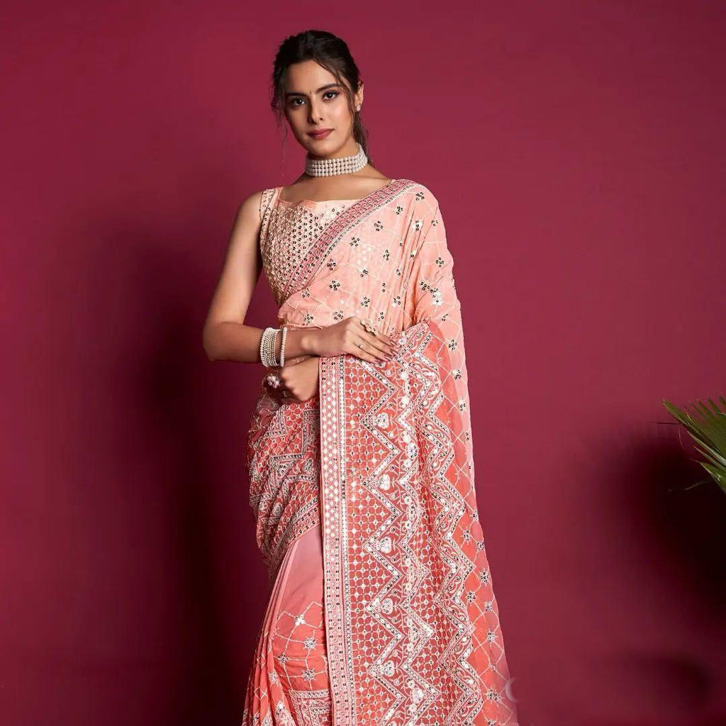 Heavy Fox Georgette With Pedding Print And 7.MM Sequence + Multi🔖 Work In Allover Saree