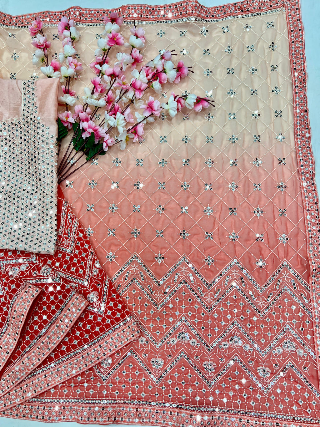 Heavy Fox Georgette With Pedding Print And 7.MM Sequence + Multi🔖 Work In Allover Saree