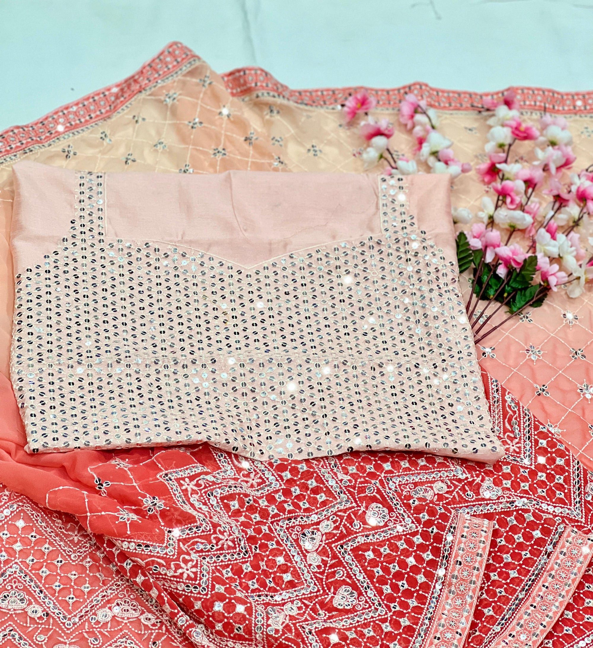Heavy Fox Georgette With Pedding Print And 7.MM Sequence + Multi🔖 Work In Allover Saree