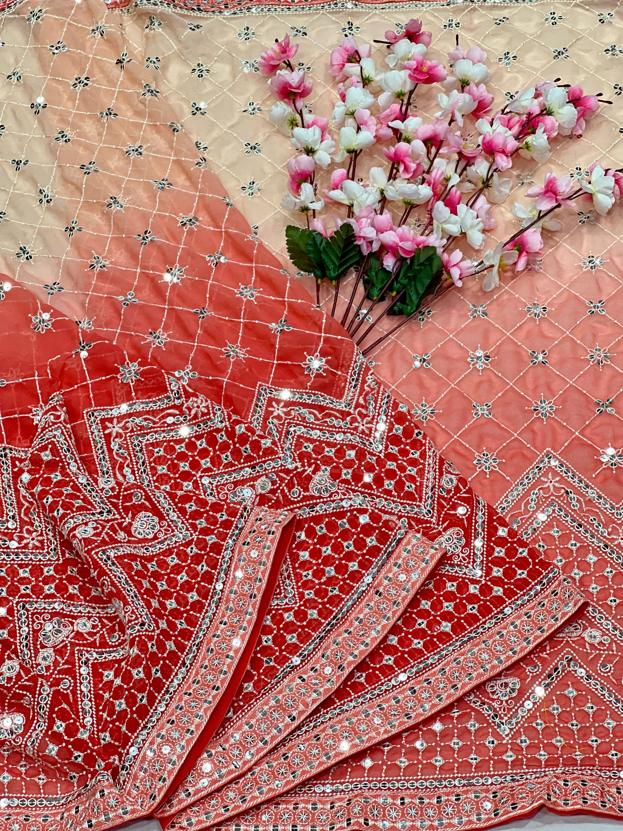 Heavy Fox Georgette With Pedding Print And 7.MM Sequence + Multi🔖 Work In Allover Saree