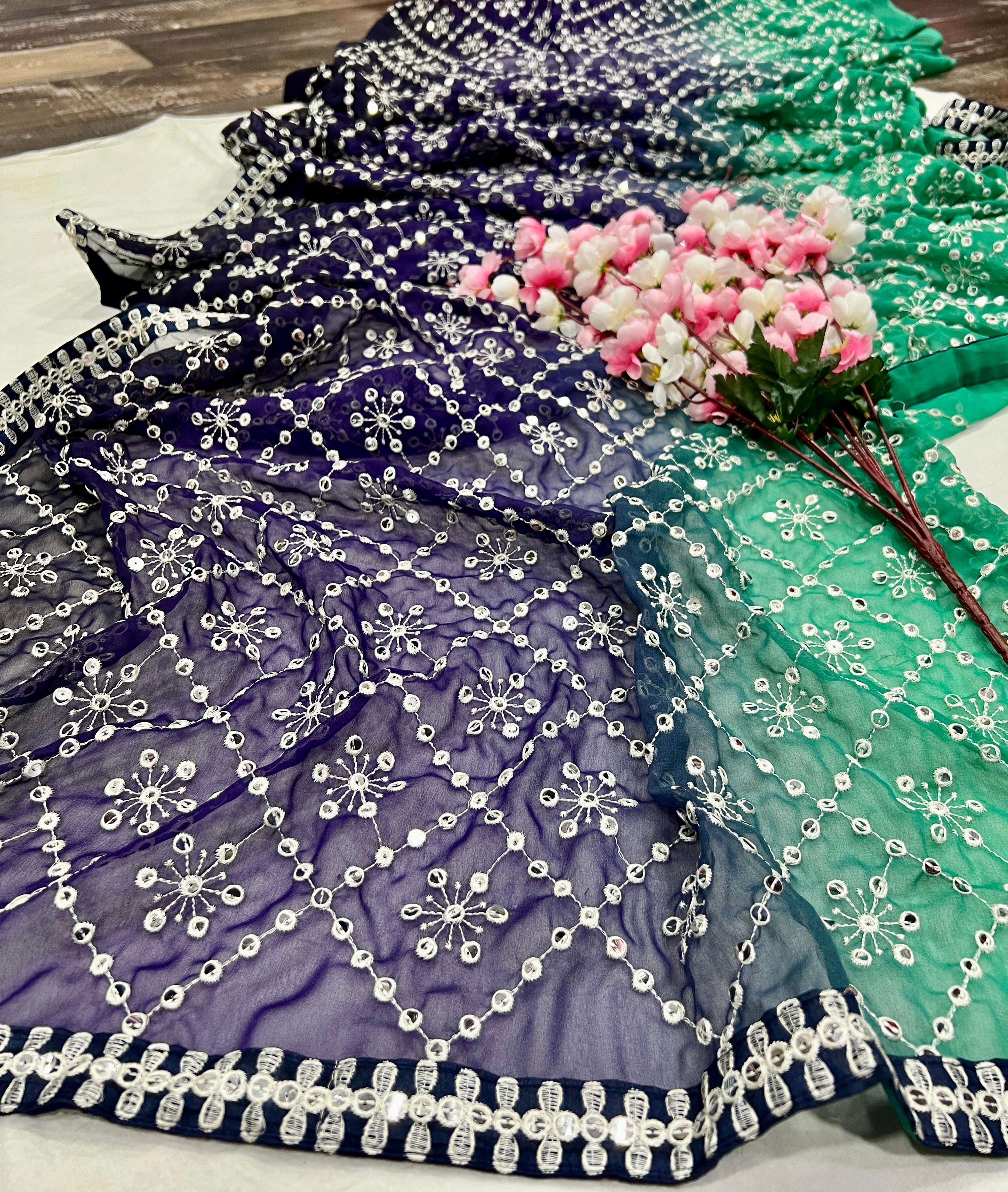 Heavy Fox Georgette With Peddling Print And 7.MM Sequence + Multi🔖 Work In Allover Saree