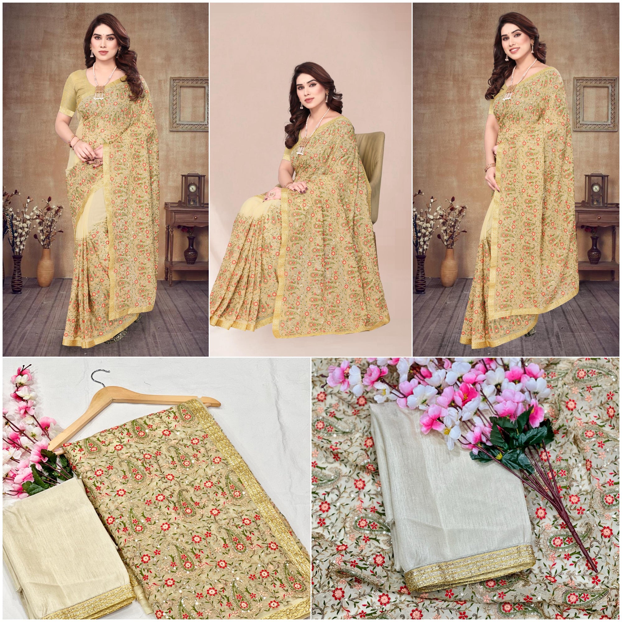 Heavy Fox Georgette With Multi + Zari Embroidery &amp; 3.MM Sequence In Pallu_Skirt Work Saree And Readymade Embroidery Lace Work