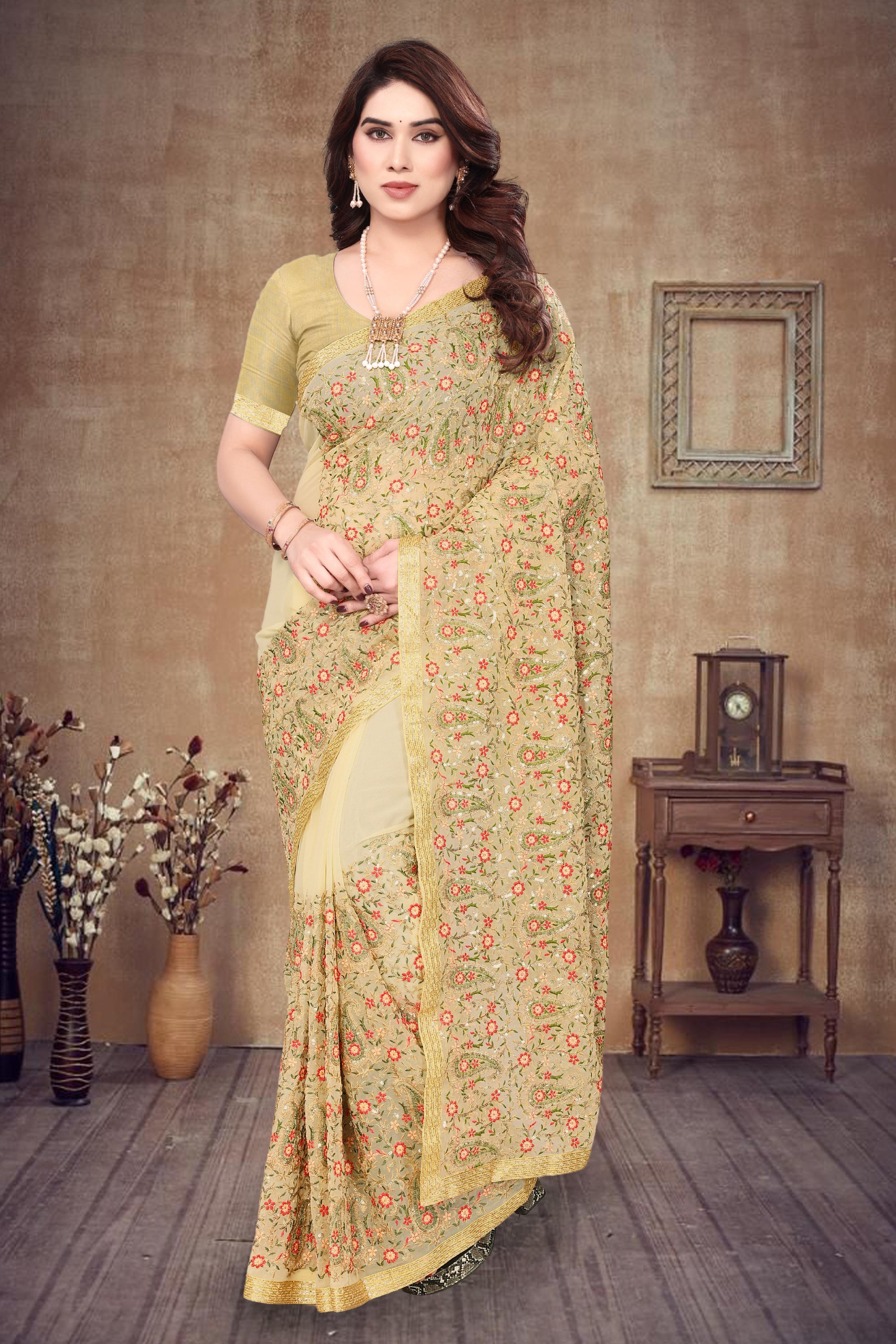 Heavy Fox Georgette With Multi + Zari Embroidery &amp; 3.MM Sequence In Pallu_Skirt Work Saree And Readymade Embroidery Lace Work