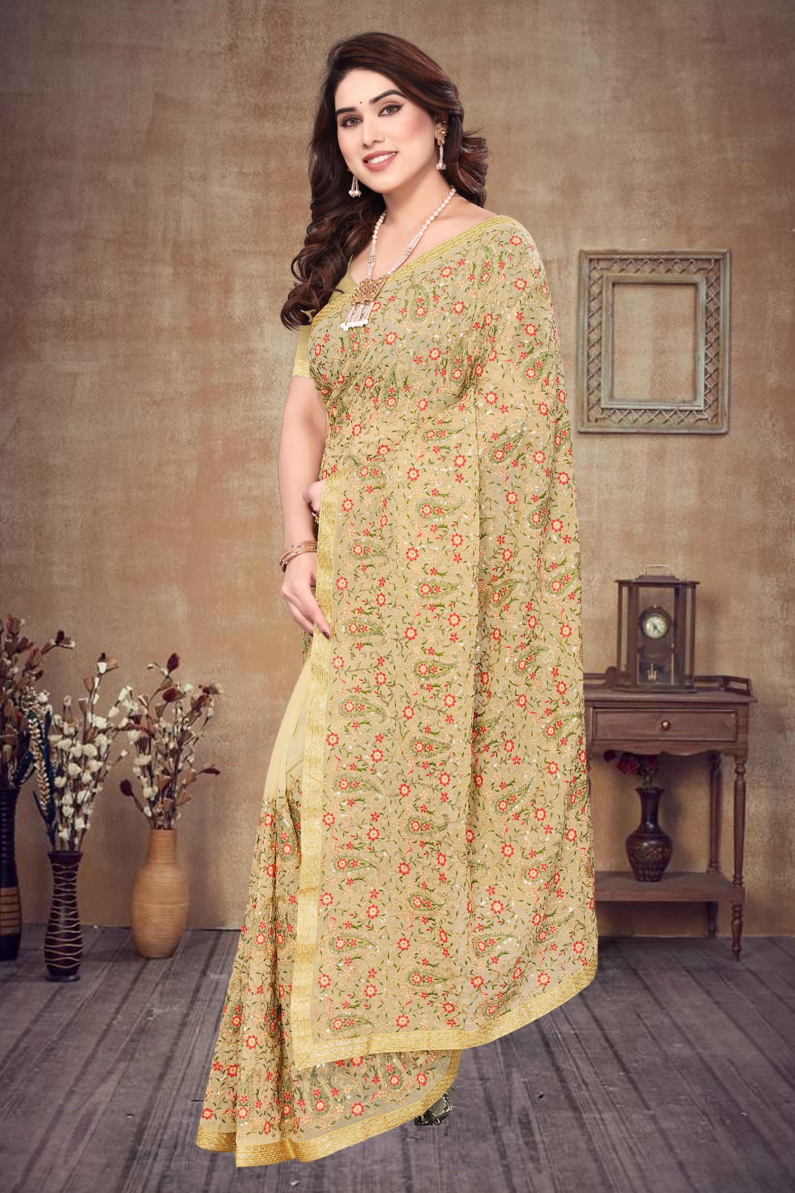 Heavy Fox Georgette With Multi + Zari Embroidery &amp; 3.MM Sequence In Pallu_Skirt Work Saree And Readymade Embroidery Lace Work