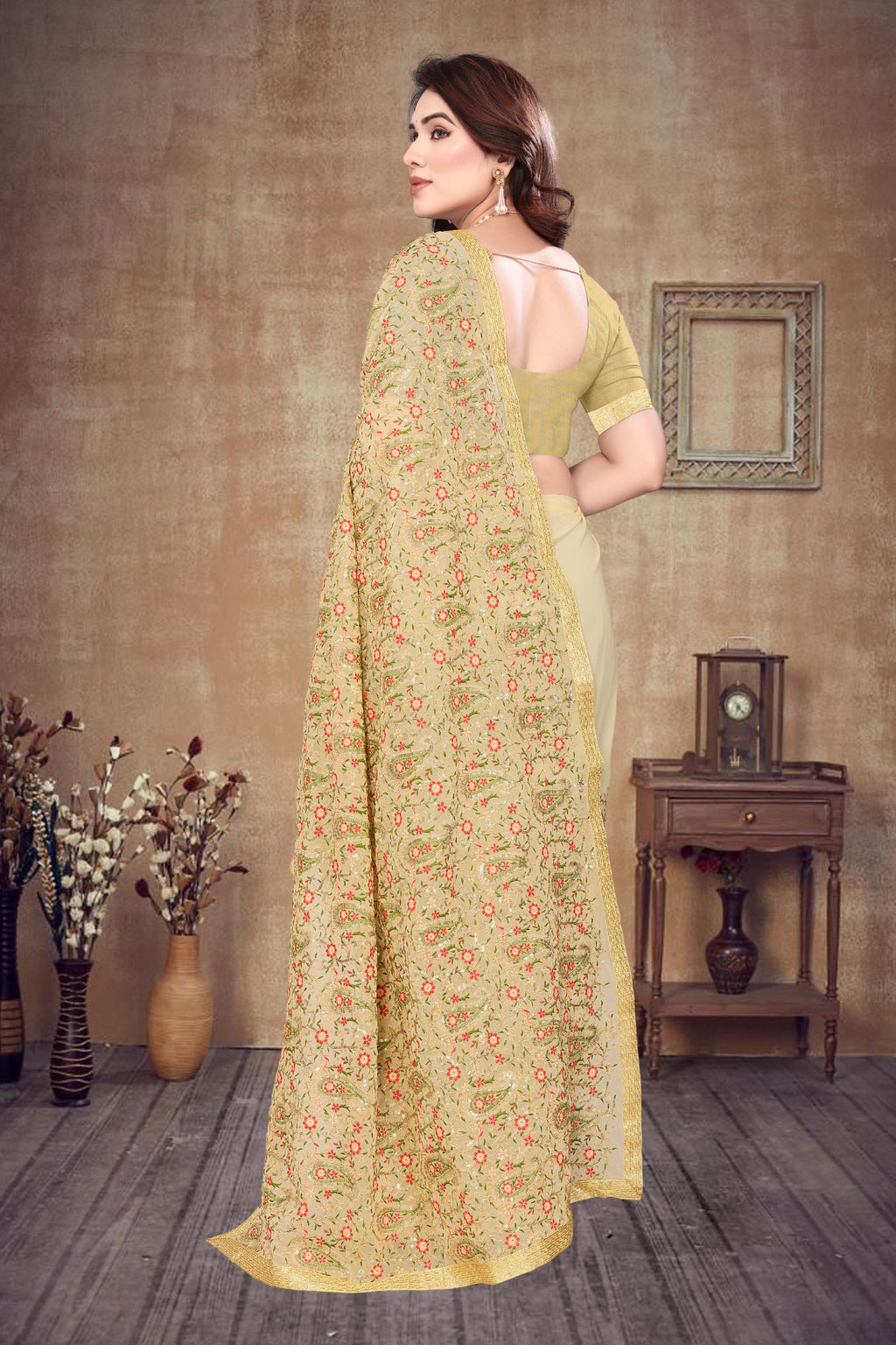 Heavy Fox Georgette With Multi + Zari Embroidery &amp; 3.MM Sequence In Pallu_Skirt Work Saree And Readymade Embroidery Lace Work