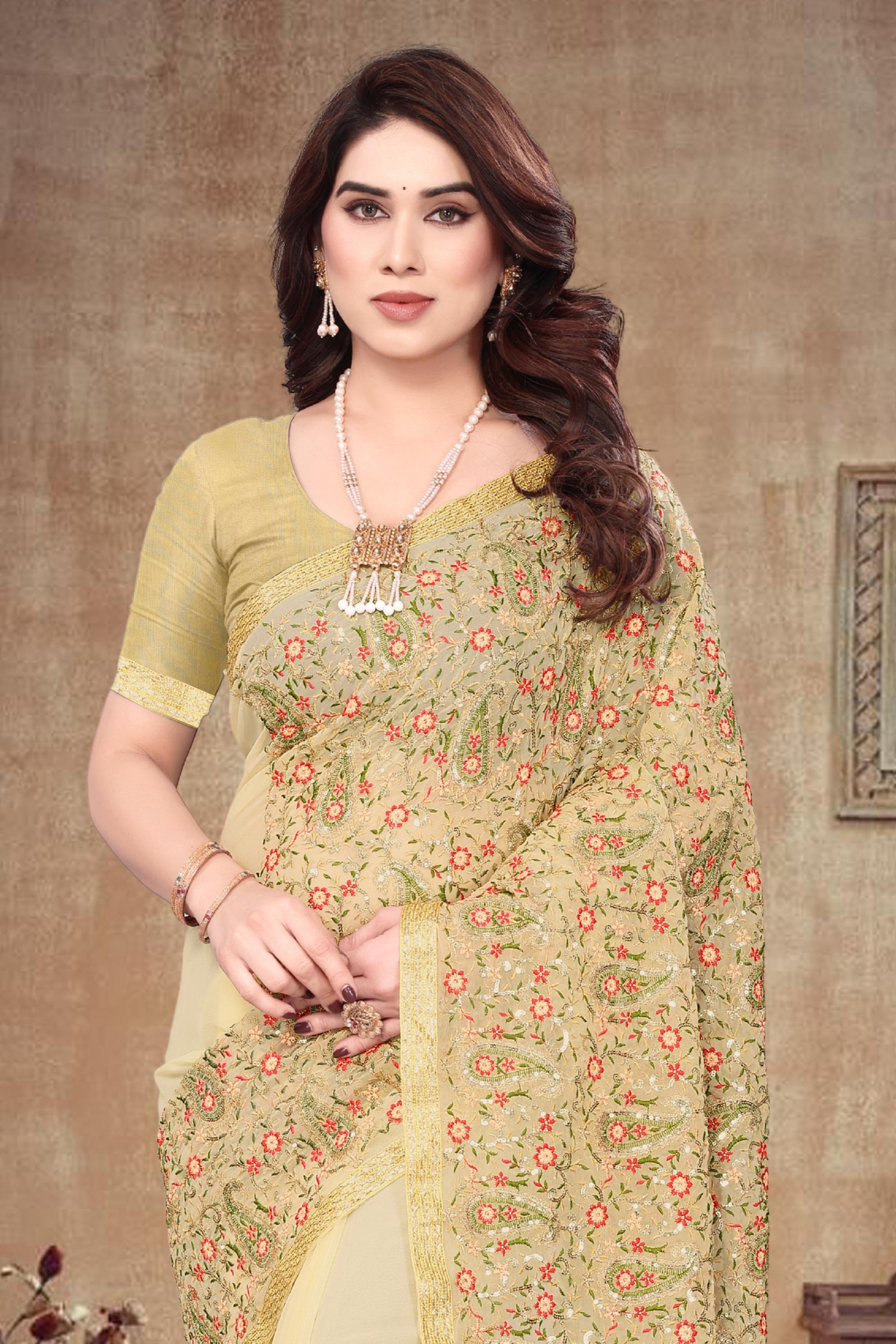 Heavy Fox Georgette With Multi + Zari Embroidery &amp; 3.MM Sequence In Pallu_Skirt Work Saree And Readymade Embroidery Lace Work