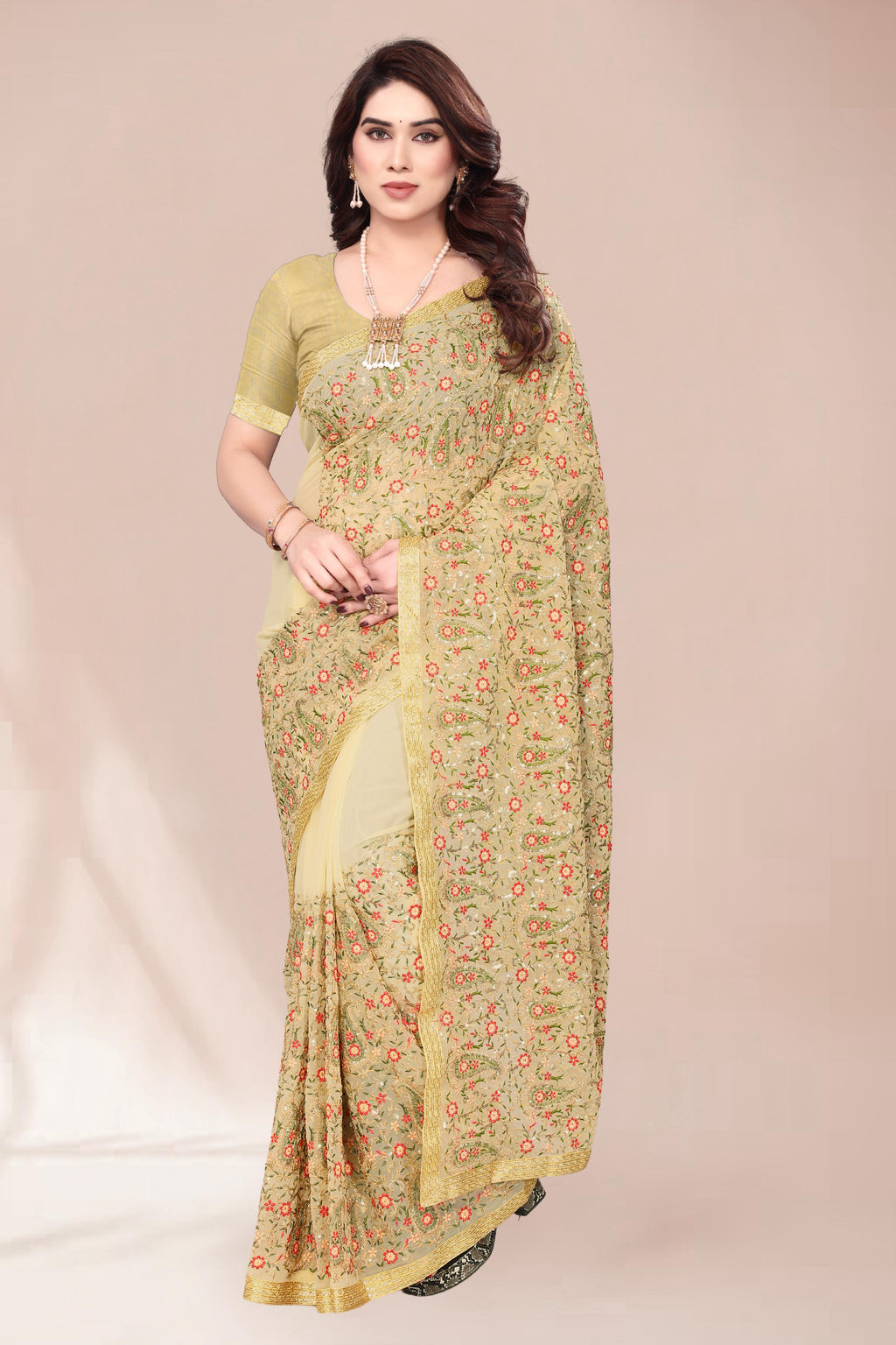 Heavy Fox Georgette With Multi + Zari Embroidery &amp; 3.MM Sequence In Pallu_Skirt Work Saree And Readymade Embroidery Lace Work