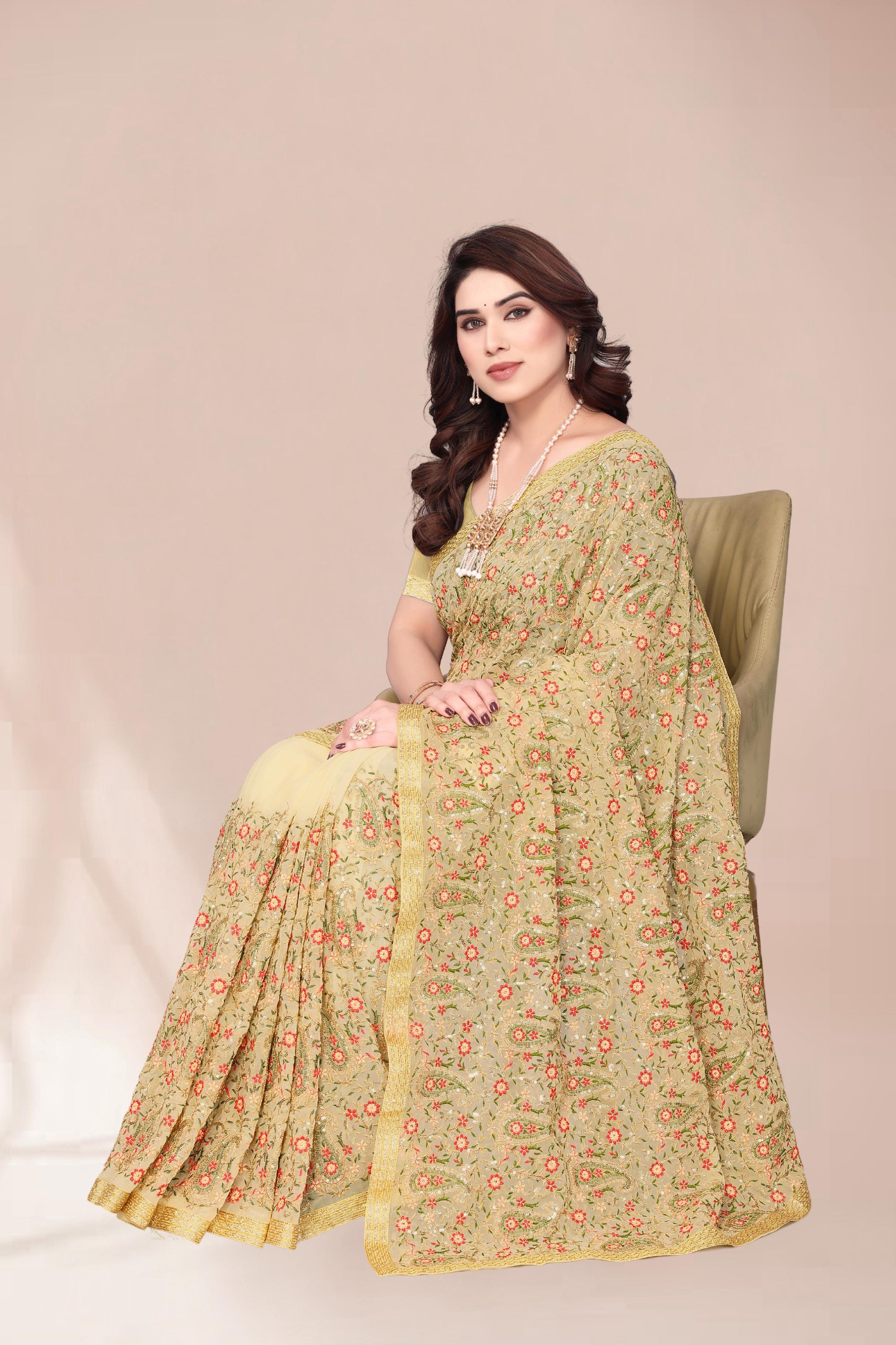 Heavy Fox Georgette With Multi + Zari Embroidery &amp; 3.MM Sequence In Pallu_Skirt Work Saree And Readymade Embroidery Lace Work