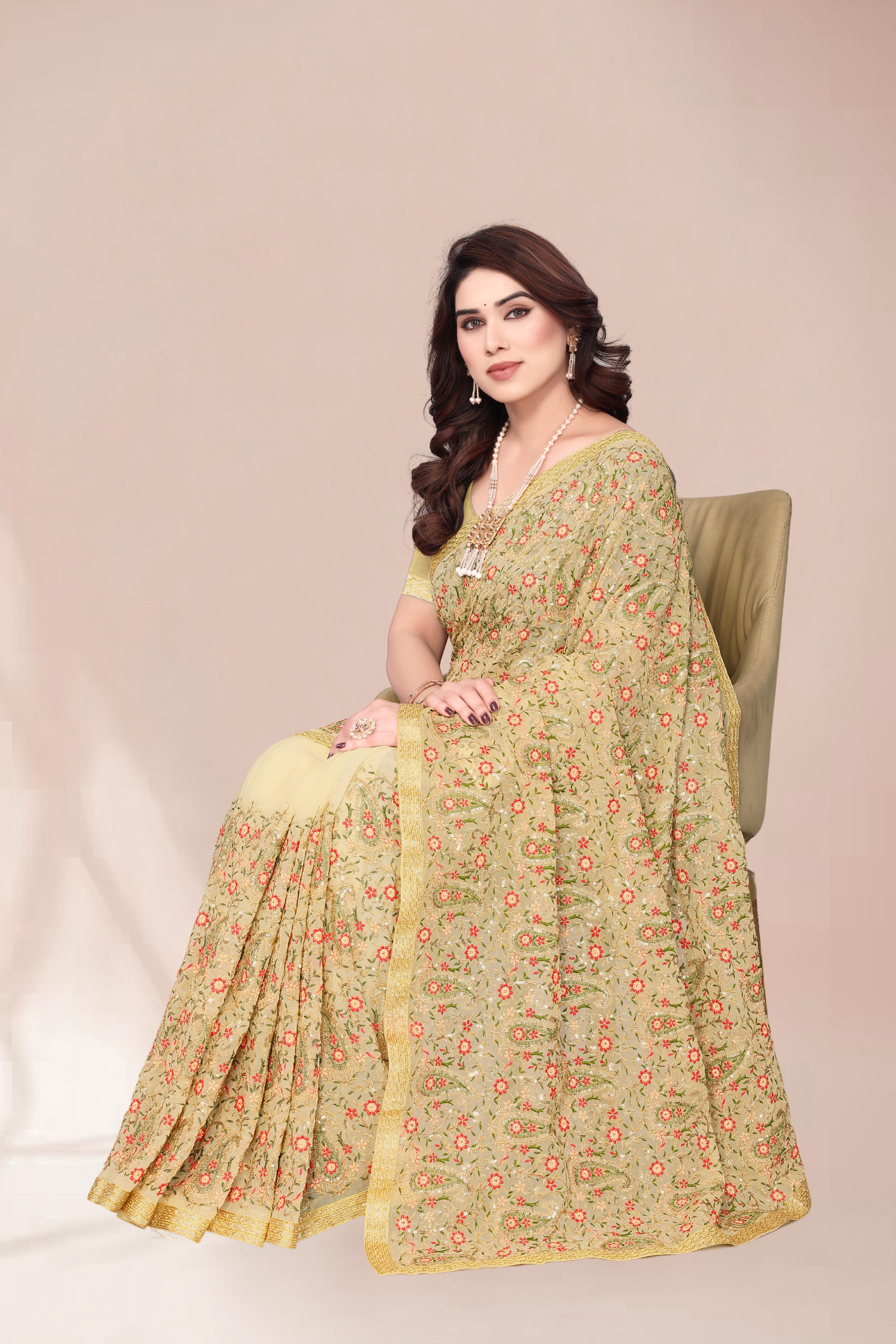 Heavy Fox Georgette With Multi + Zari Embroidery &amp; 3.MM Sequence In Pallu_Skirt Work Saree And Readymade Embroidery Lace Work