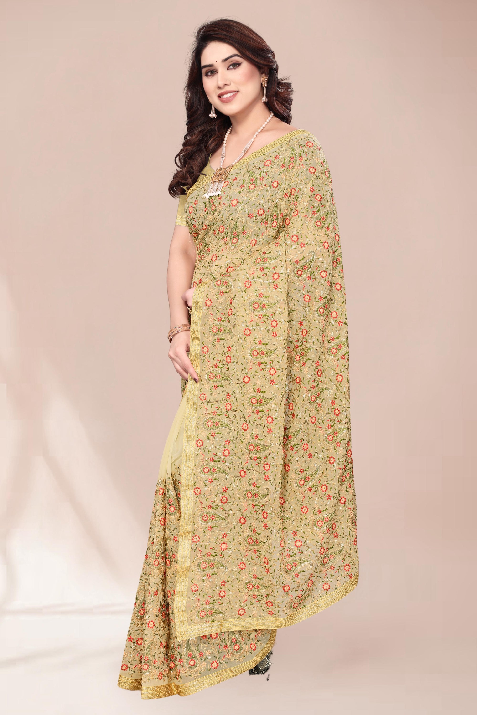 Heavy Fox Georgette With Multi + Zari Embroidery &amp; 3.MM Sequence In Pallu_Skirt Work Saree And Readymade Embroidery Lace Work