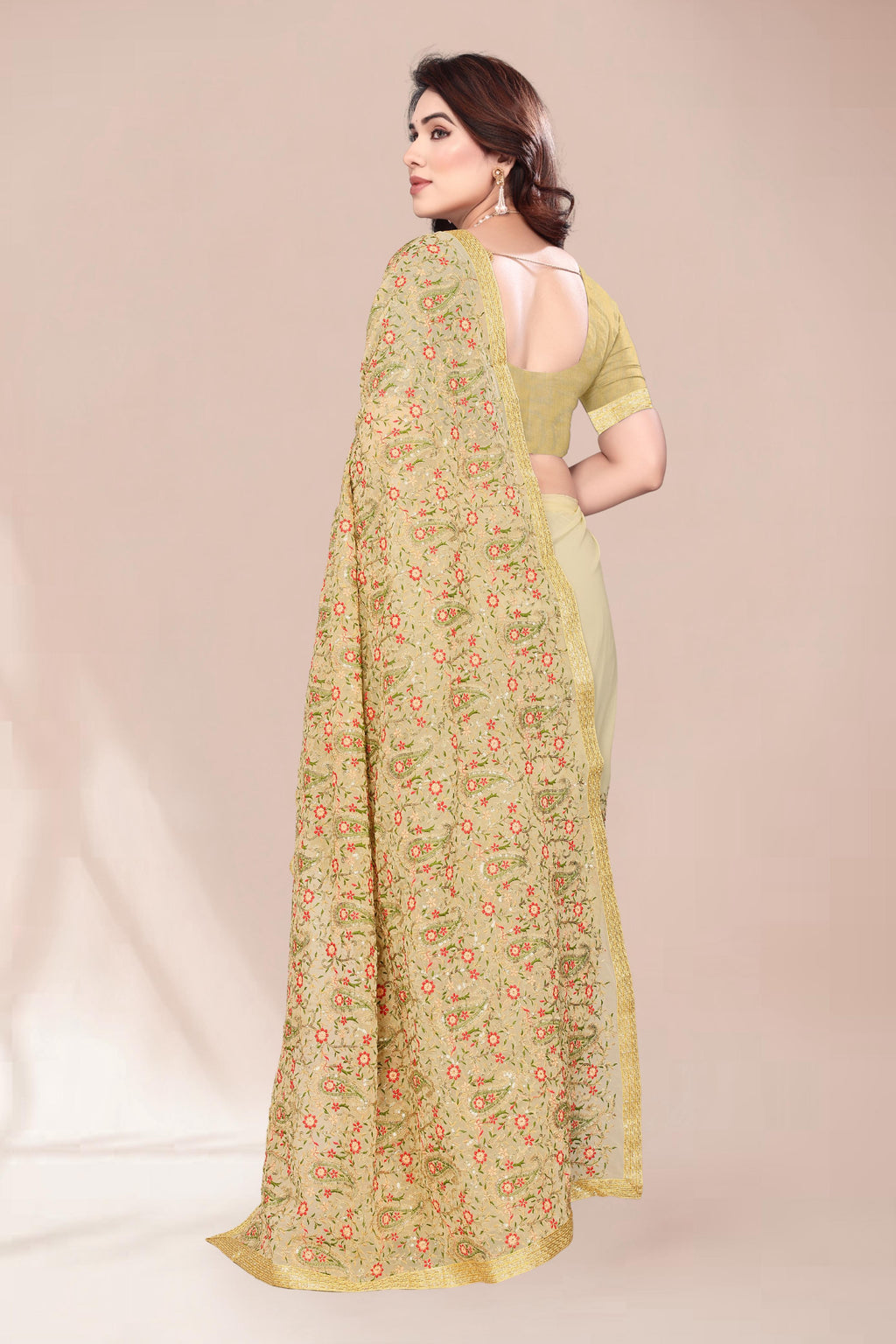Heavy Fox Georgette With Multi + Zari Embroidery &amp; 3.MM Sequence In Pallu_Skirt Work Saree And Readymade Embroidery Lace Work