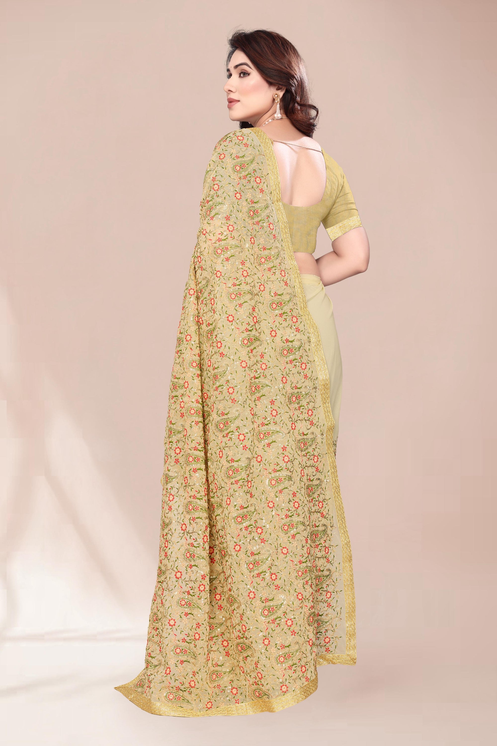 Heavy Fox Georgette With Multi + Zari Embroidery &amp; 3.MM Sequence In Pallu_Skirt Work Saree And Readymade Embroidery Lace Work