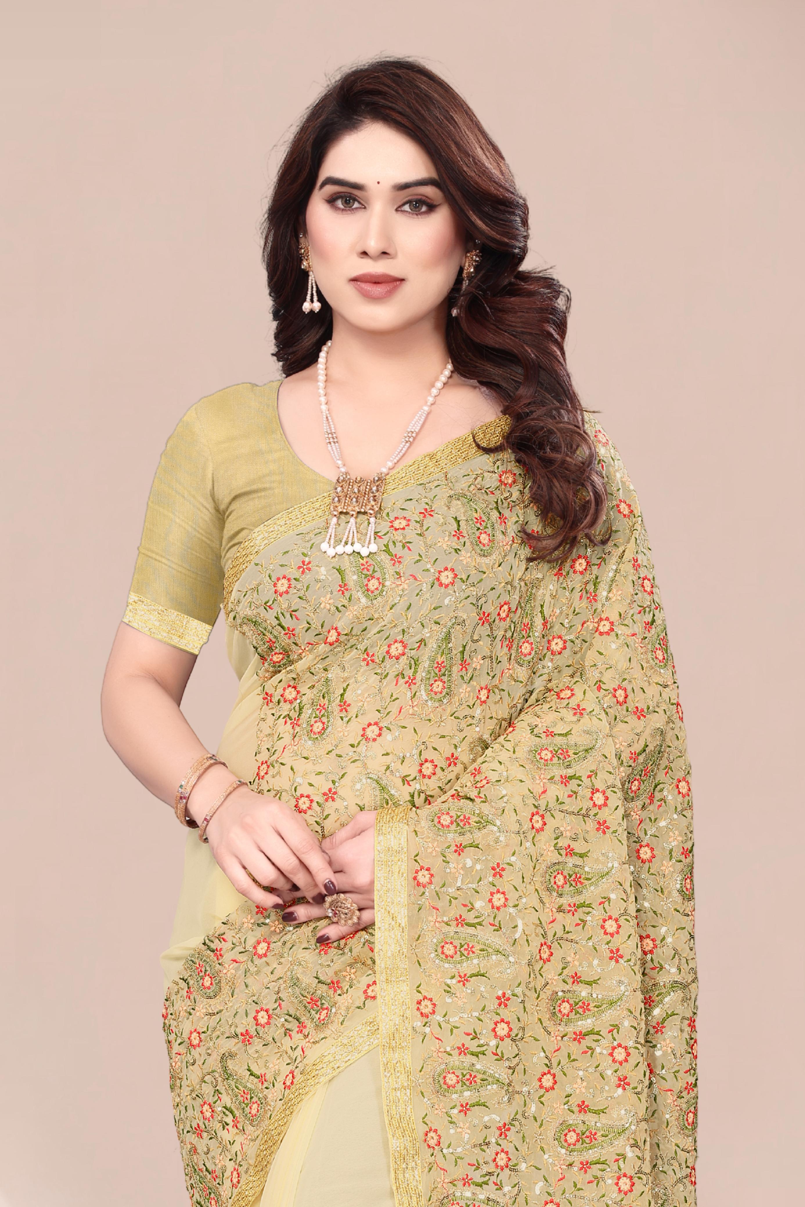 Heavy Fox Georgette With Multi + Zari Embroidery &amp; 3.MM Sequence In Pallu_Skirt Work Saree And Readymade Embroidery Lace Work